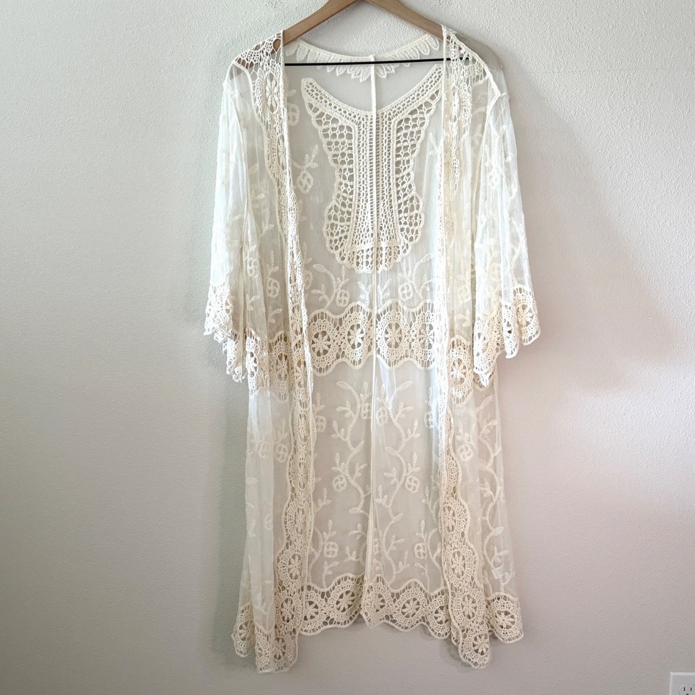 JANICE APPAREL Kimono Boho Festival Lace Crochet Sheer Mesh Fairy Ethereal OS